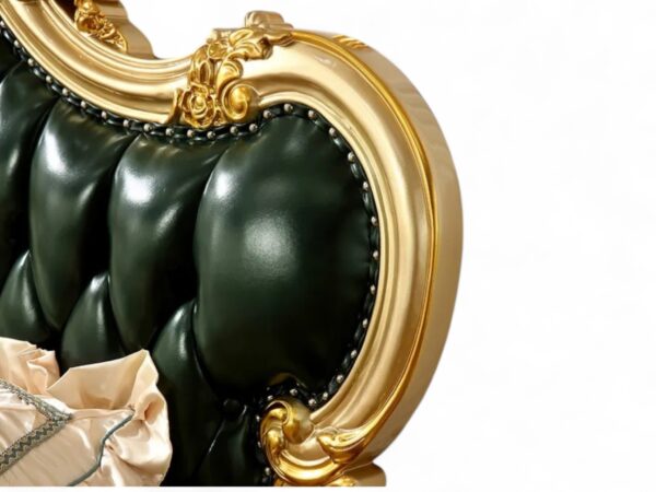 Regal green leather bed with detailed woodwork and tufting