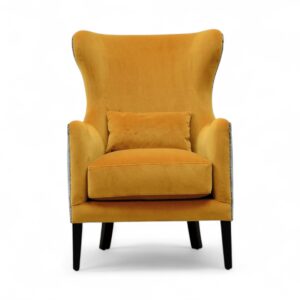 Amber Muse Armchair with mustard velvet and grey contrast back