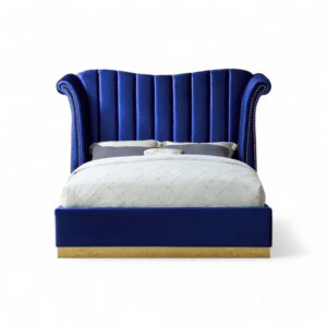 Imperial Sapphire Bed with deep blue velvet tufted headboard and gold base