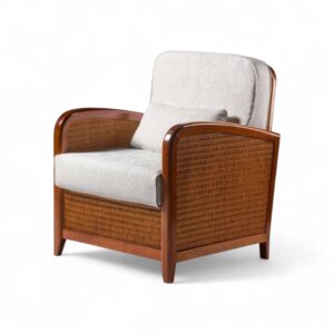 Riviera Cane Armchair with wooden frame and neutral cushions