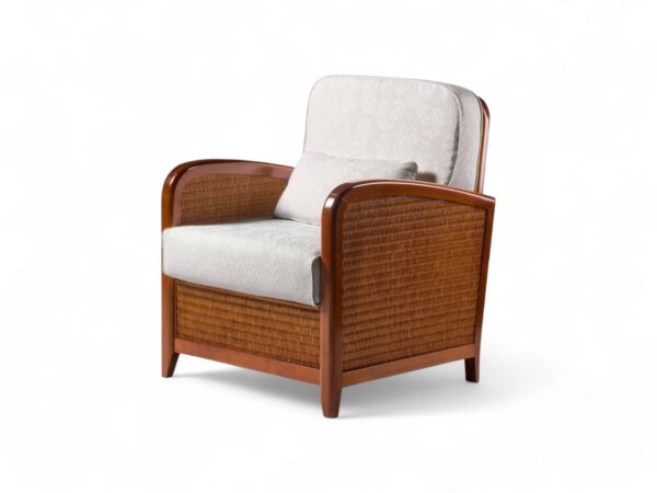 Riviera Cane Armchair with wooden frame and neutral cushions