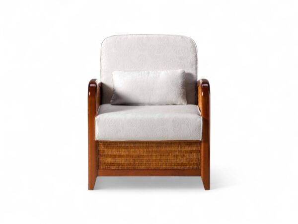 Handwoven cane armchair with upholstered seating