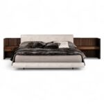 The Riviera Bed with modern upholstered design and wooden side panels