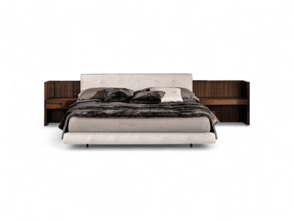 The Riviera Bed with modern upholstered design and wooden side panels
