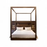 Grandeur Canopy Bed in walnut wood with upholstered headboard