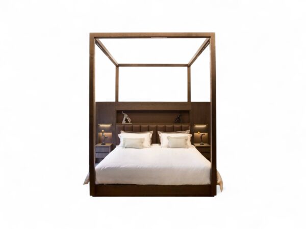 Grandeur Canopy Bed in walnut wood with upholstered headboard
