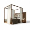 Four-poster canopy bed with built-in shelves and ambient lighting