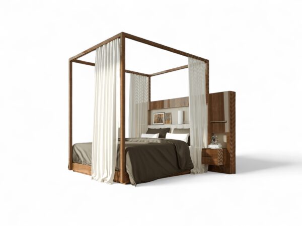 Four-poster canopy bed with built-in shelves and ambient lighting