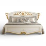 Italian Leaf Carved Bed with gold detailing and sculpted headboard