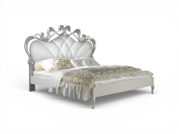 Luxury bed in pearl fabric with ornate silver carving details