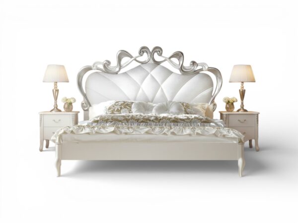 Luxury bed in pearl fabric with ornate silver carving details