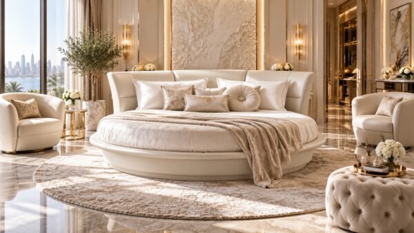 Elegant round upholstered bed in premium fabric