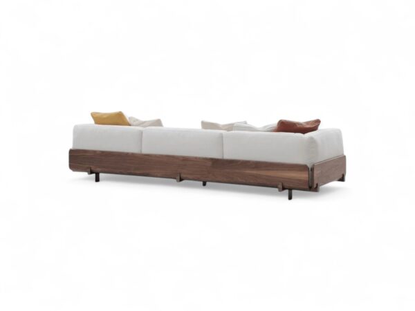 Stylish modular sofa with neutral tones and wooden accents