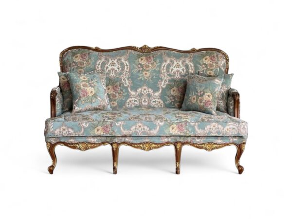 Luxury Louis XV Style Carved Sofa with floral upholstery and carved frame