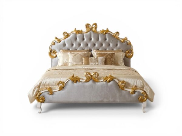 Carved Gold Leaf Bed with intricate gold detailing on the headboard and footboard