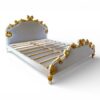 Traditional upholstered bed with stunning gold leaf accents and carved details
