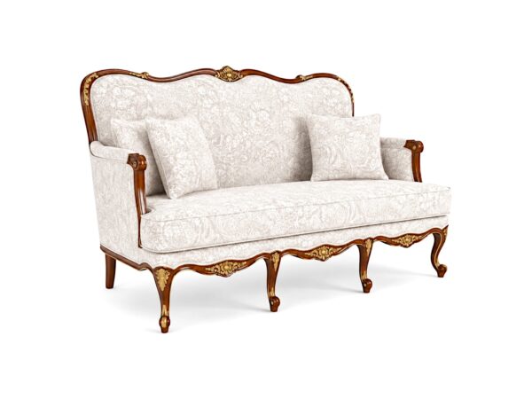 Antique-style Louis XV carved sofa with plush cushions and ornate frame