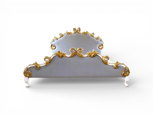 Carved Gold Leaf Bed with intricate gold detailing on the headboard and footboard