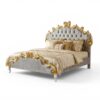 Regal bed design featuring golden carvings and neutral-toned upholstery