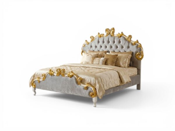 Regal bed design featuring golden carvings and neutral-toned upholstery