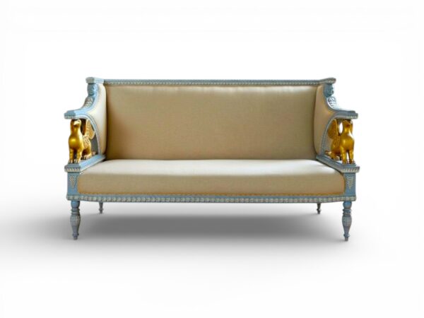 Griffin Majesty Settee with golden griffin armrest carvings
