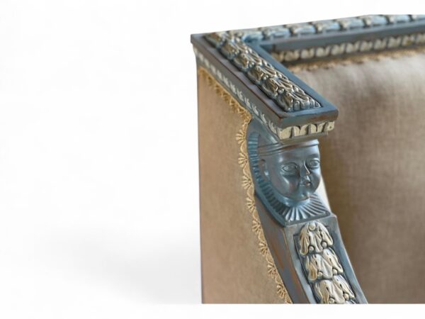 Neoclassical settee in neutral fabric and ornate wooden frame