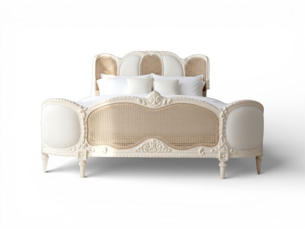 Timeless French design bed with woven cane accents and soft cushions