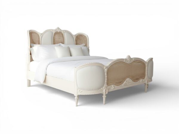 Vintage-inspired bed with French carving details and neutral upholstery