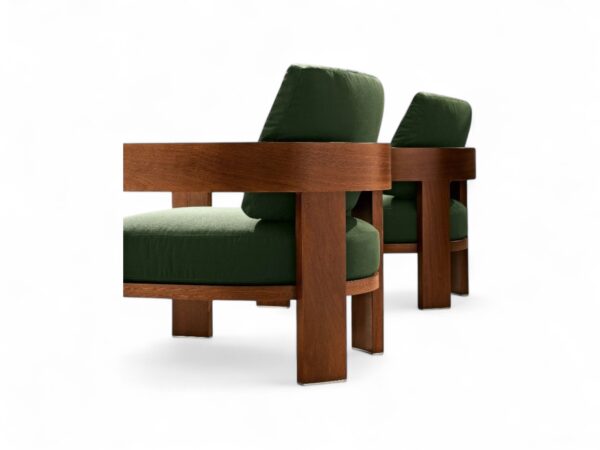 Geometric design armchair with open armrests and soft fabric seat