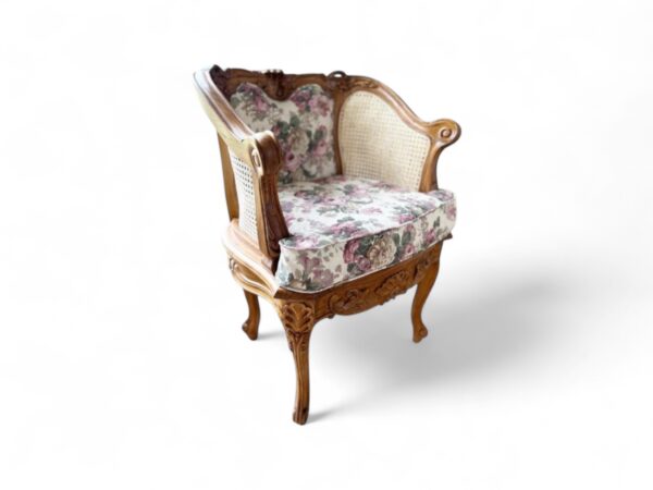 Vintage-style Rococo Armchair with cane sides and floral print