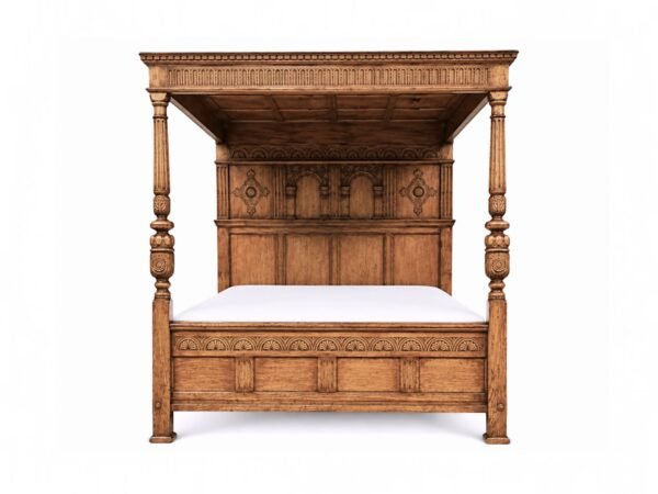 Artisanal Carved Canopy Bed handcrafted from teakwood
