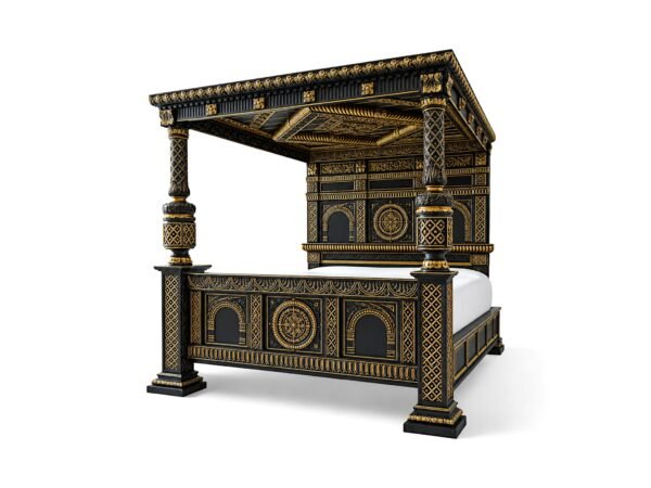 Black and gold Victorian bed with hand-carved detailing