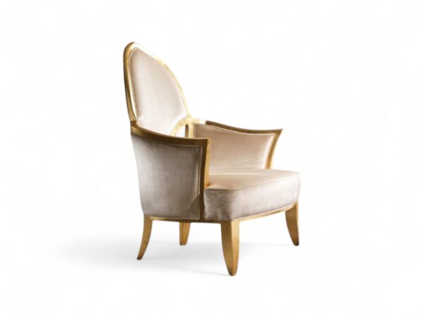Gold leaf armchair with soft velvet upholstery and artistic design