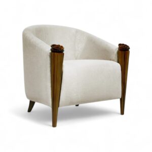 Modern ivory barrel chair with floral wood accents