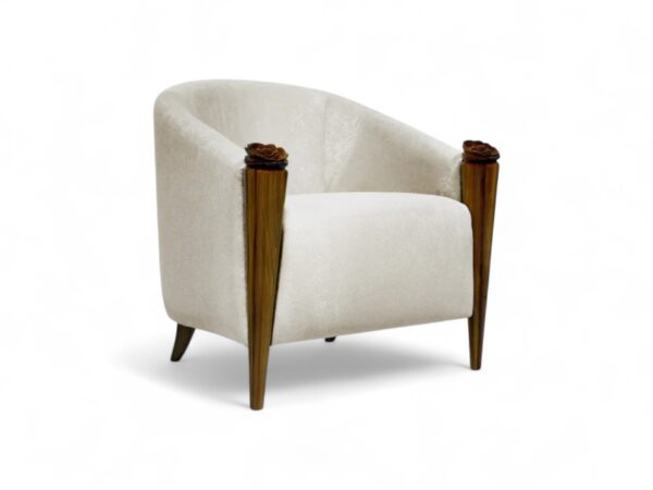 Modern ivory barrel chair with floral wood accents