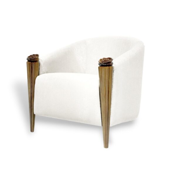 Modern ivory barrel chair with floral wood accents