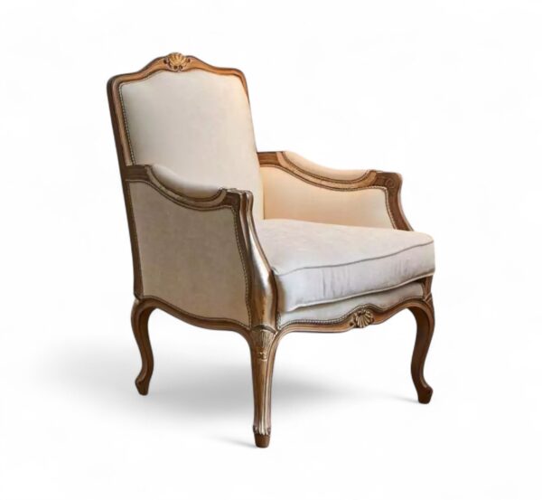 Classic Venetian Armchair with ornate wood carving and neutral upholstery