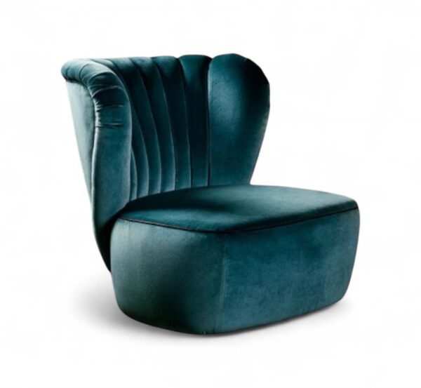 Teal velvet armchair with rounded base and elegant silhouette