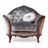 Carved Louis armchair with silver velvet and wood frame