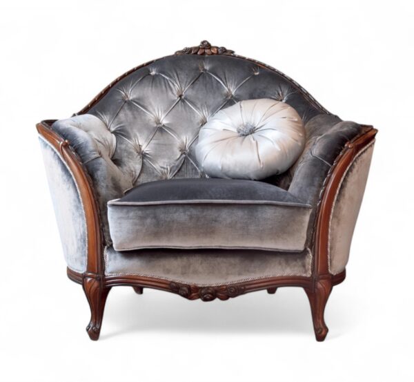 Carved Louis armchair with silver velvet and wood frame