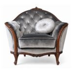 Carved Louis armchair with silver velvet and wood frame