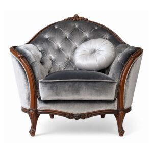 Carved Louis armchair with silver velvet and wood frame