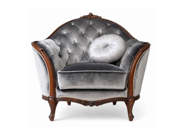 Carved Louis armchair with silver velvet and wood frame