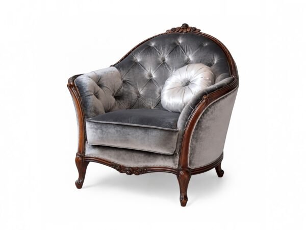 Carved Louis armchair with silver velvet and wood frame