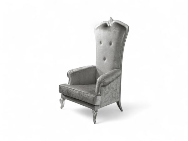 Elegant silver velvet armchair with high back and plush cushions