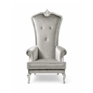 Elegant silver velvet armchair with high back and plush cushions