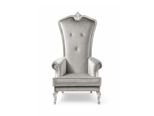 Elegant silver velvet armchair with high back and plush cushions