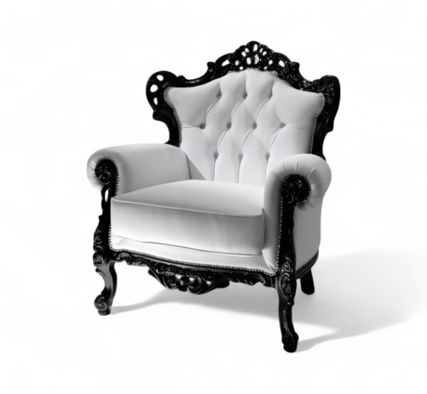 Baroque Leather Armchair with black carved frame and white leather