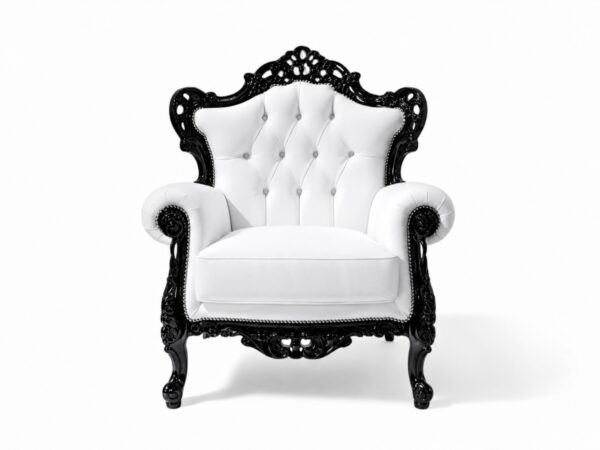 Baroque Leather Armchair with black carved frame and white leather