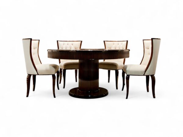Luxury dining chair with plush fabric and curved wooden frame